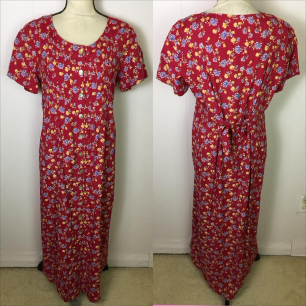 Vtg 80s Robbie Bee Midi Dress Size 8 Womans Red Floral Short Sleeve Cottagecore